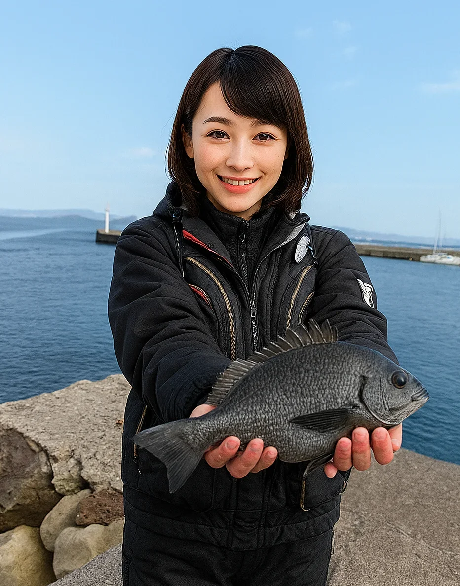 吉母漁港でグレを釣る西岡
