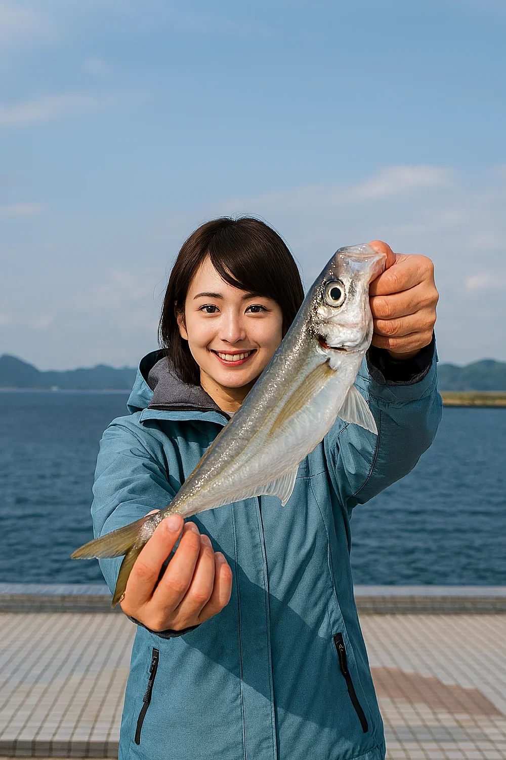 仙崎人工島でアジを釣る西岡