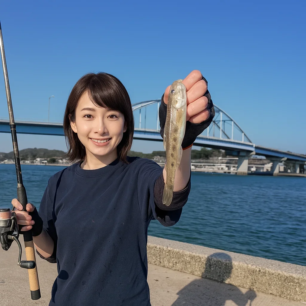玉島みなと公園でハゼを釣る西岡