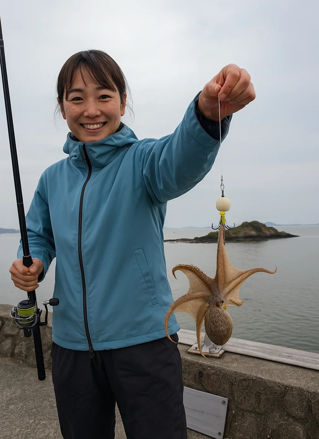 寄島園地でイイダコを釣る女性