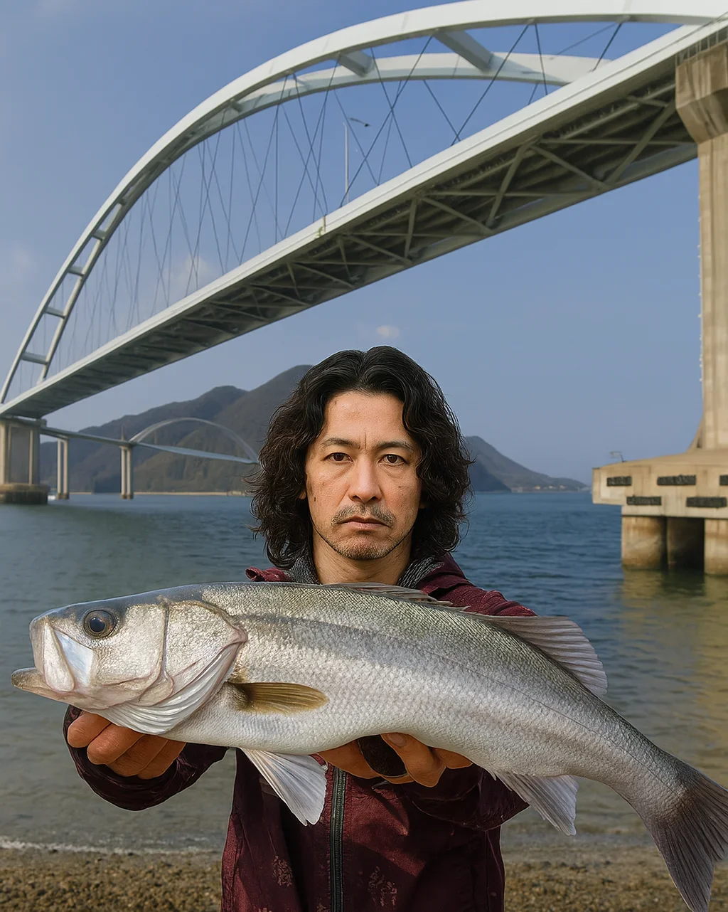 内海大橋下でシーバスを釣る岸本