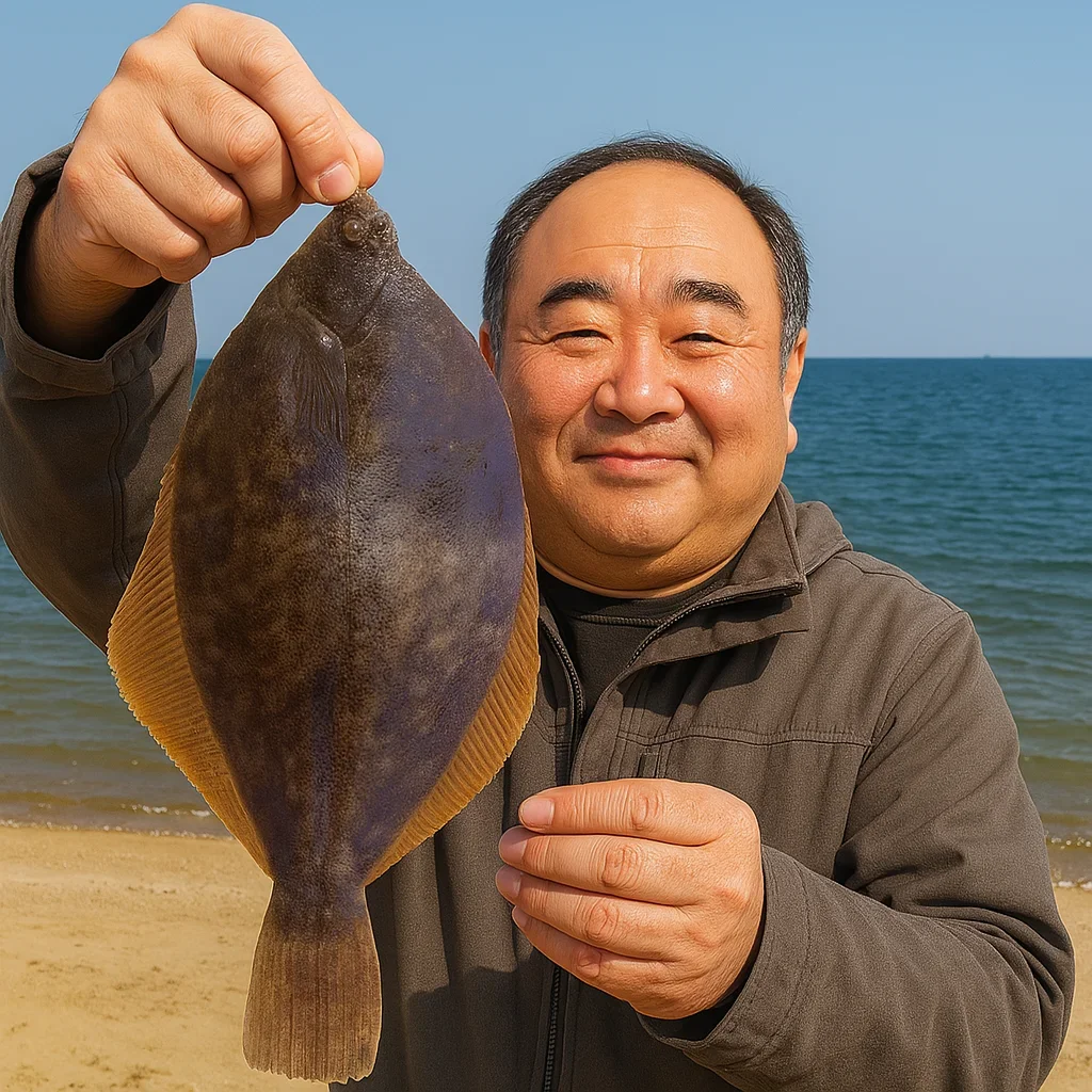 鳴川海岸でカレイを釣る持田