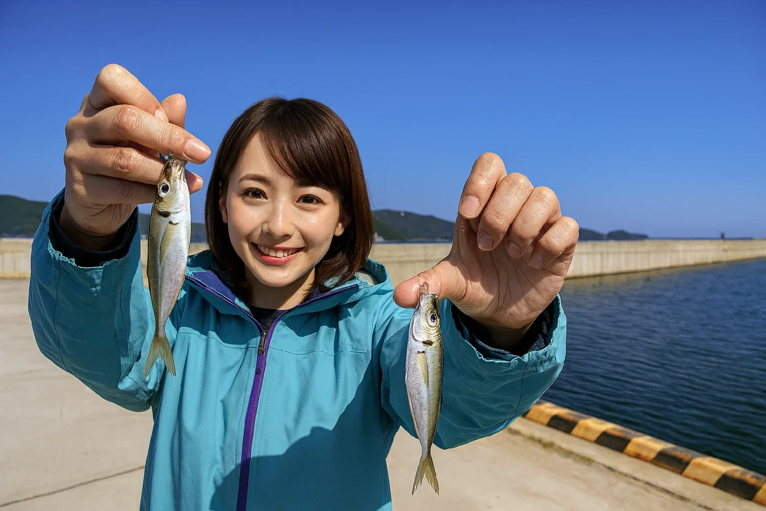 津田埋立地でアジの釣果を得た西岡