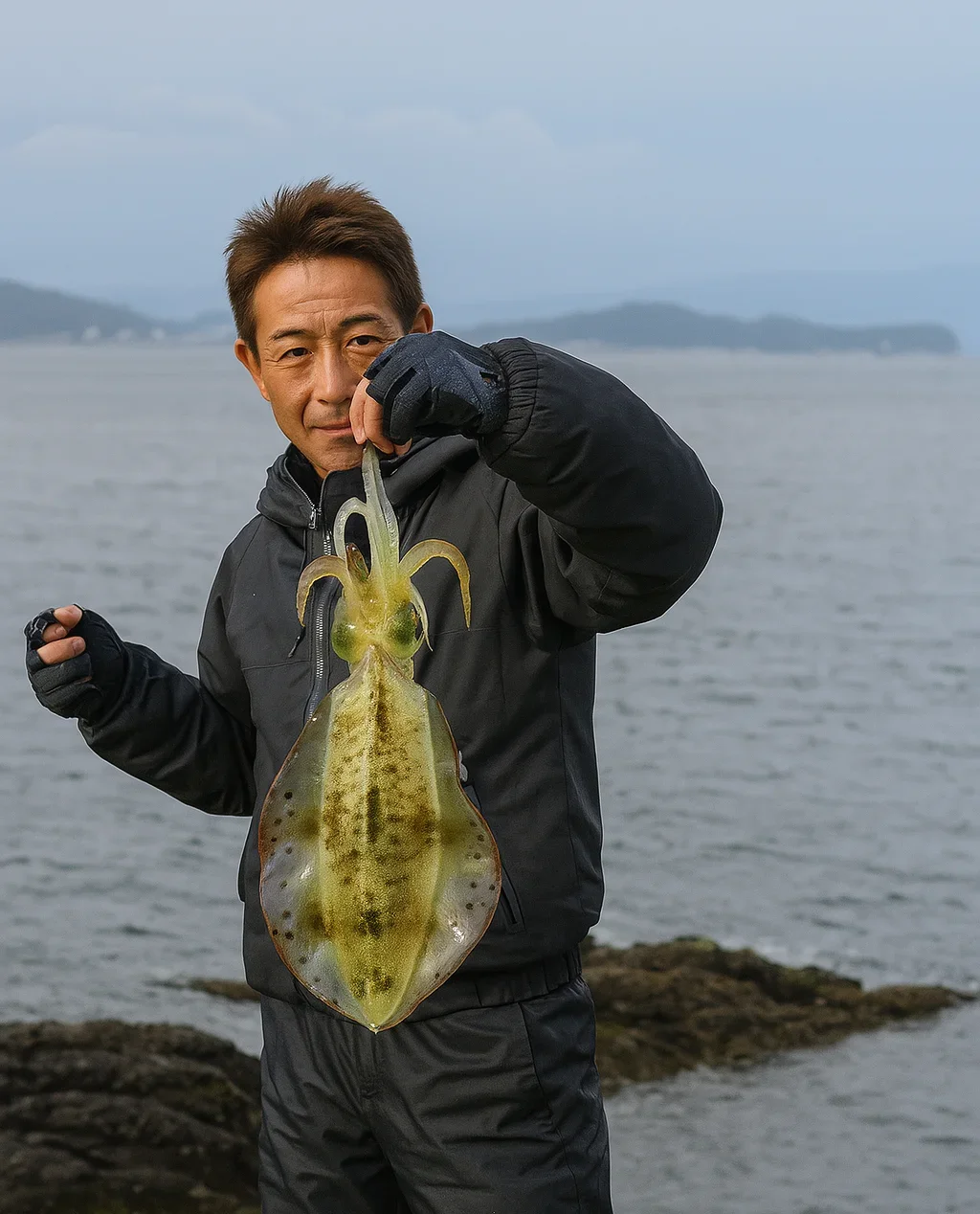 岡村島でアオリイカを釣る男性