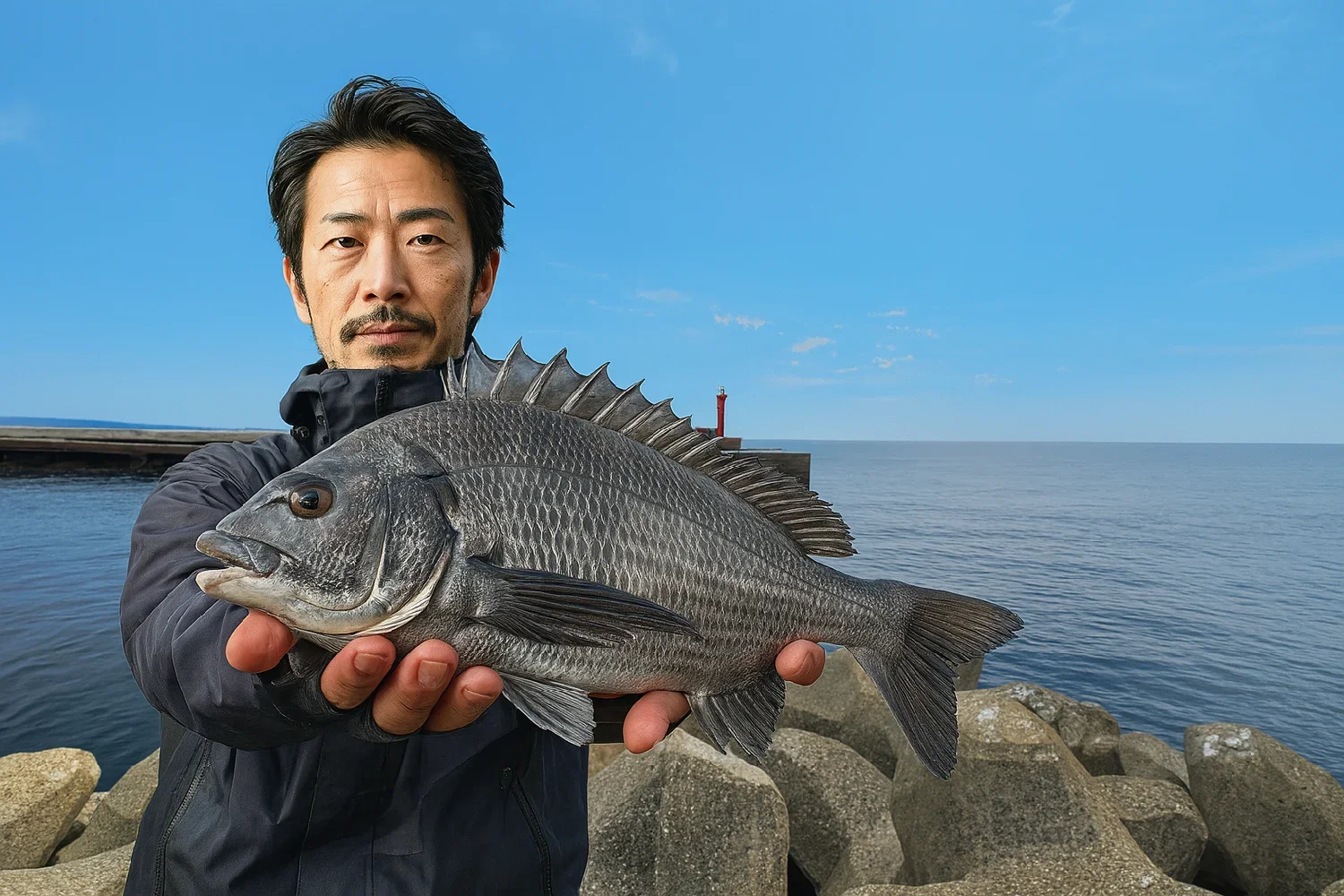 鰀目漁港でチヌの釣果を得た佐々木