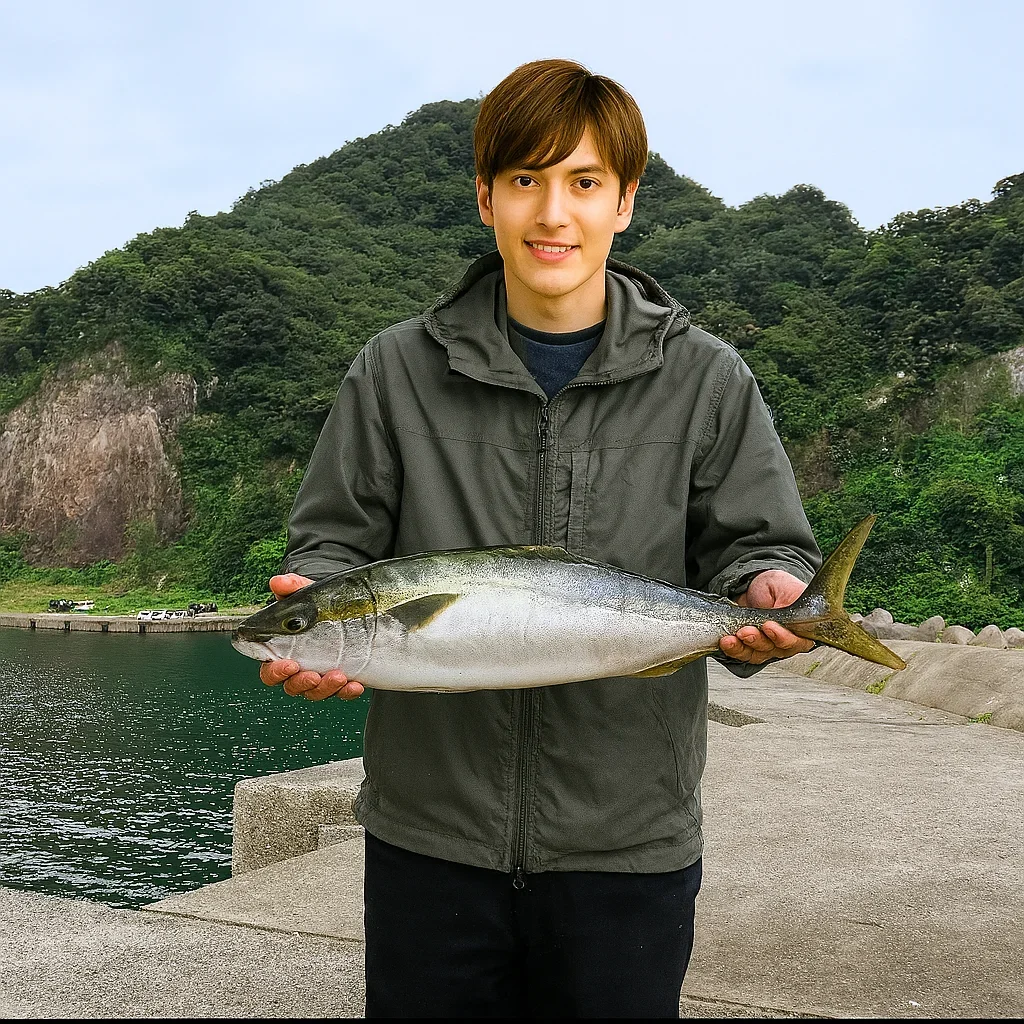 浜坂港でハマチの釣果を得た久良木