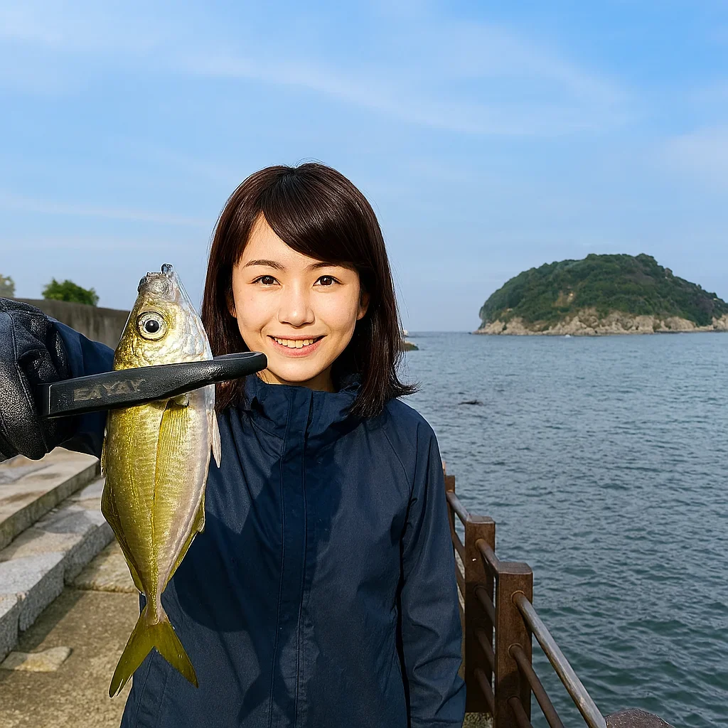香住東港ふれあいデッキでアジを釣る西岡