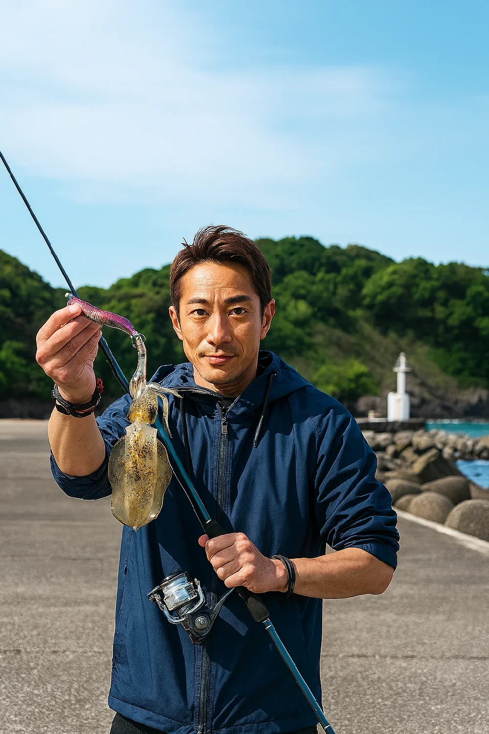 竹野港でアオリイカを釣る西岡