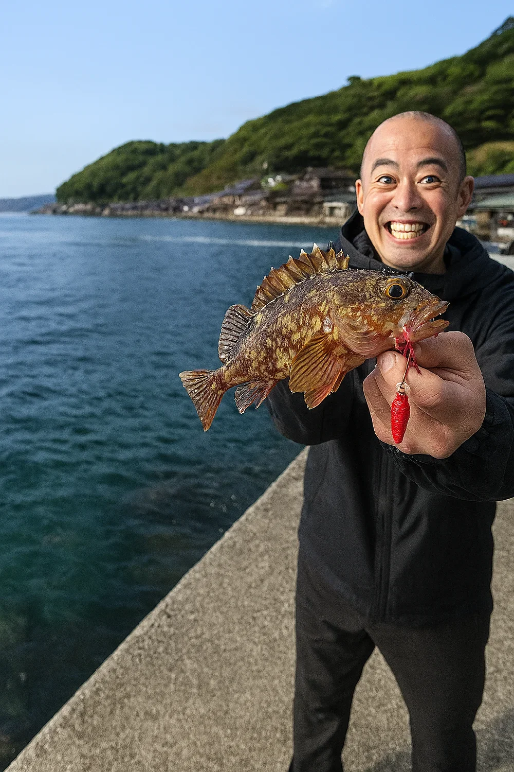 伊根漁港でカサゴを釣るがんだま君