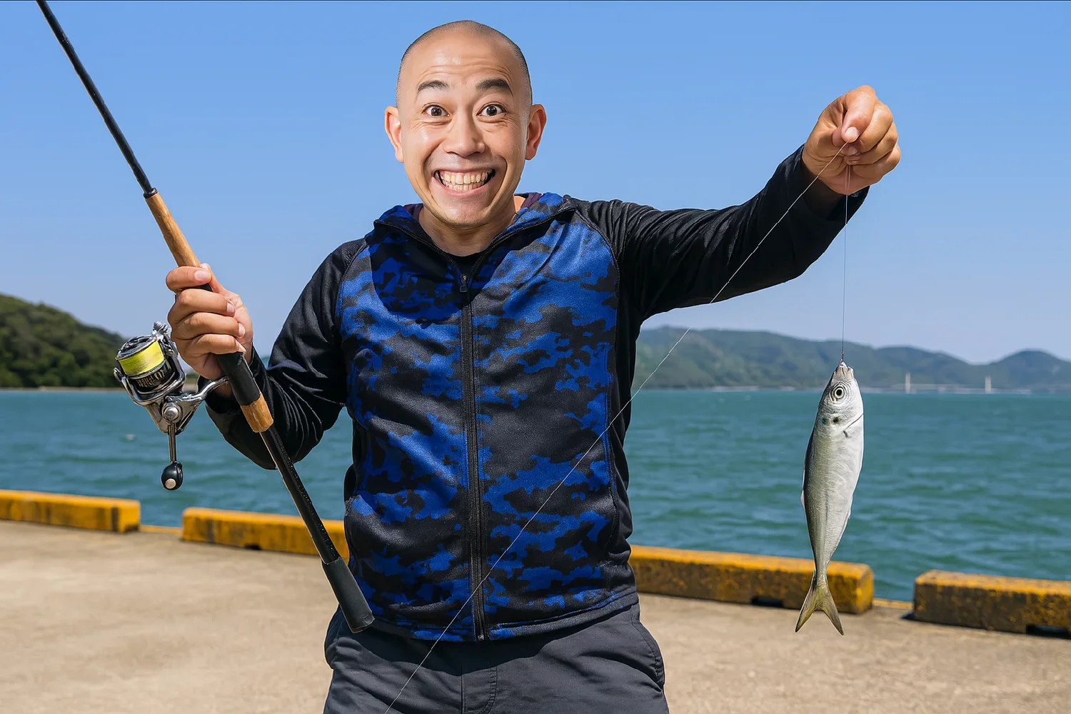 舞鶴港でアジの釣果を得たがんだま君