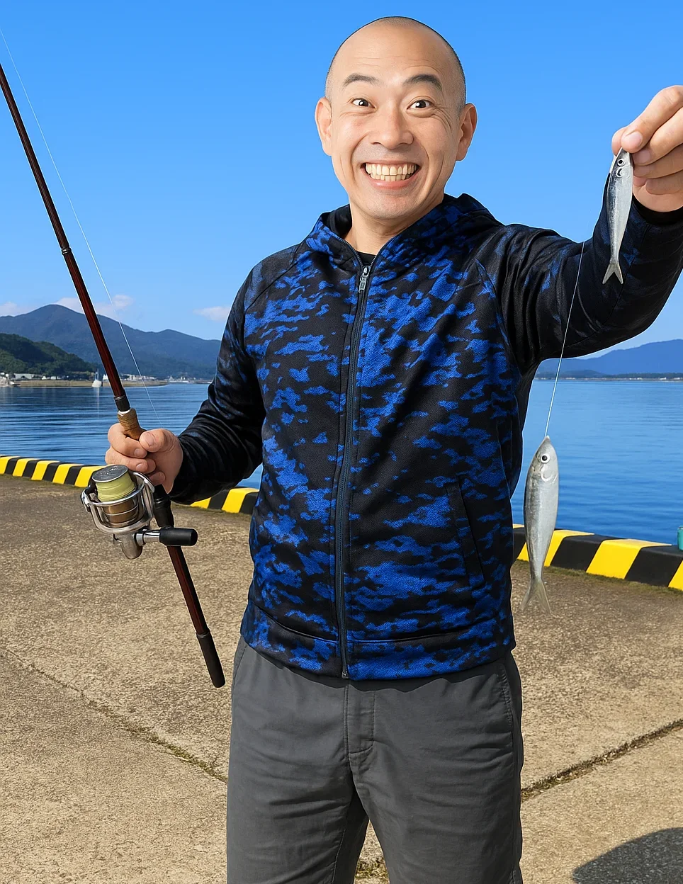 小浜港でイワシの釣果を得たがんだま君