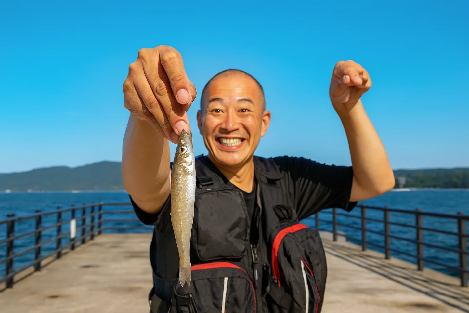氷見漁港でキスの釣果を得たがんだま君