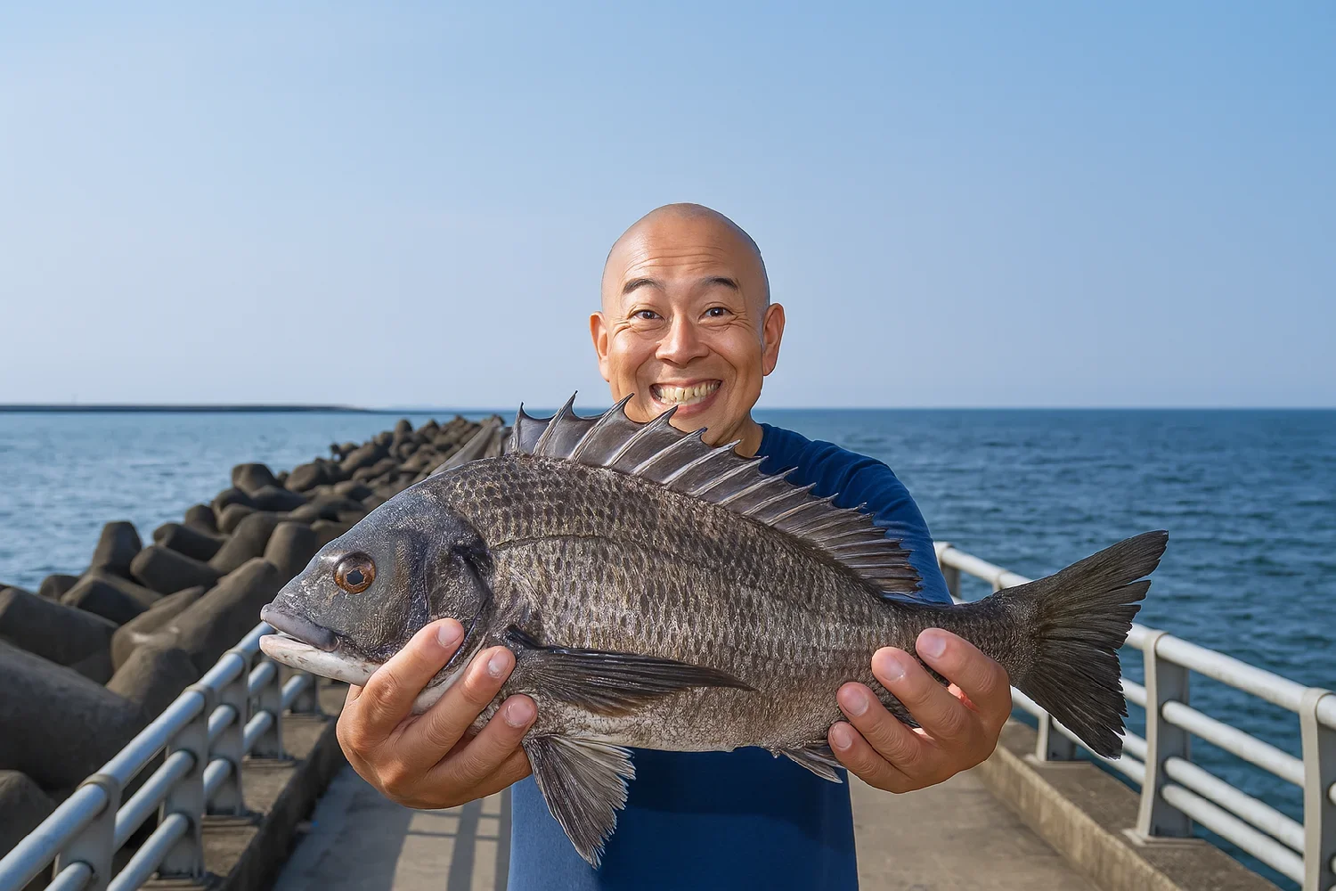 大浜釣り公園でクロダイの釣果を得たがんだま君
