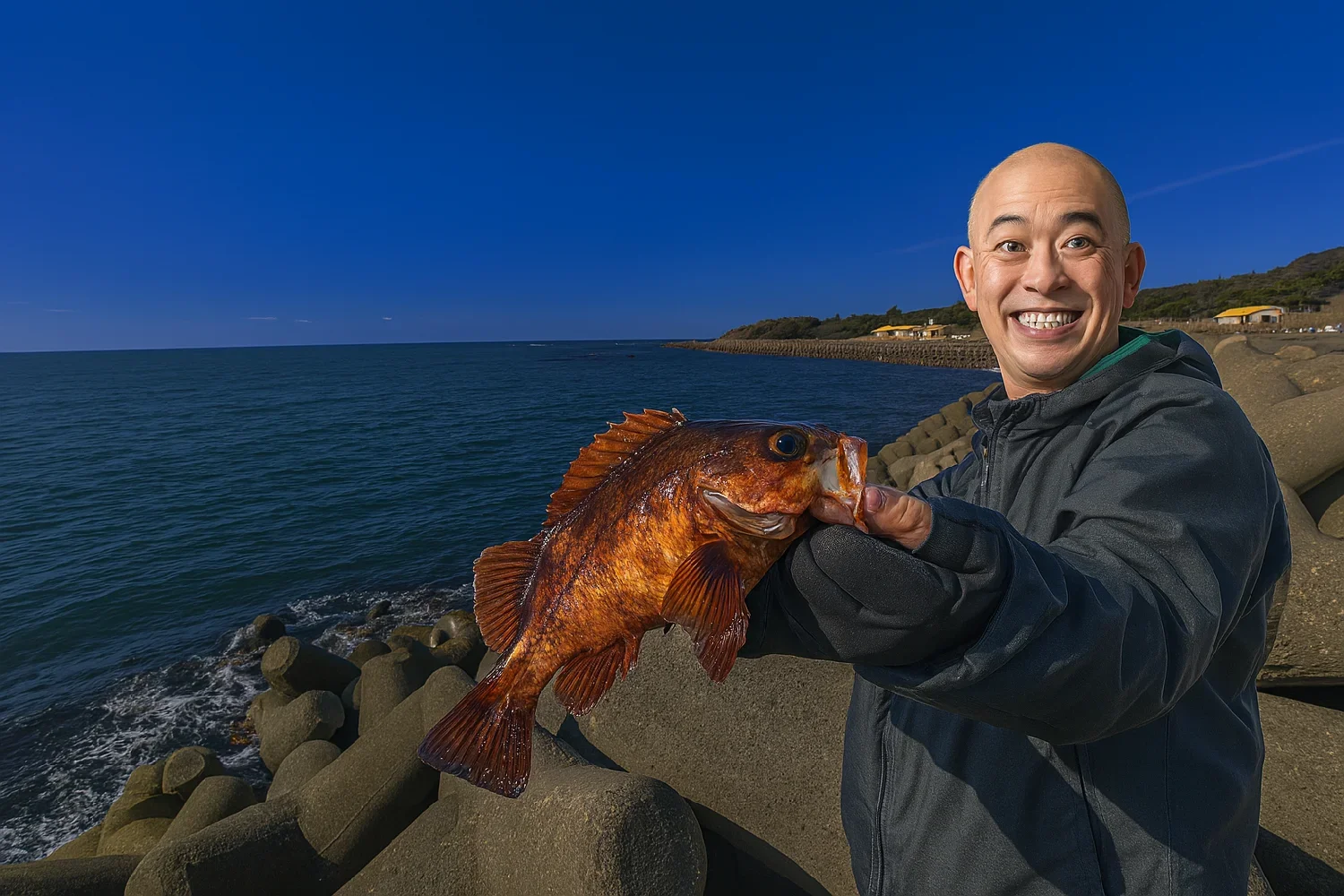 滝港でメバルの釣果を得たがんだま君