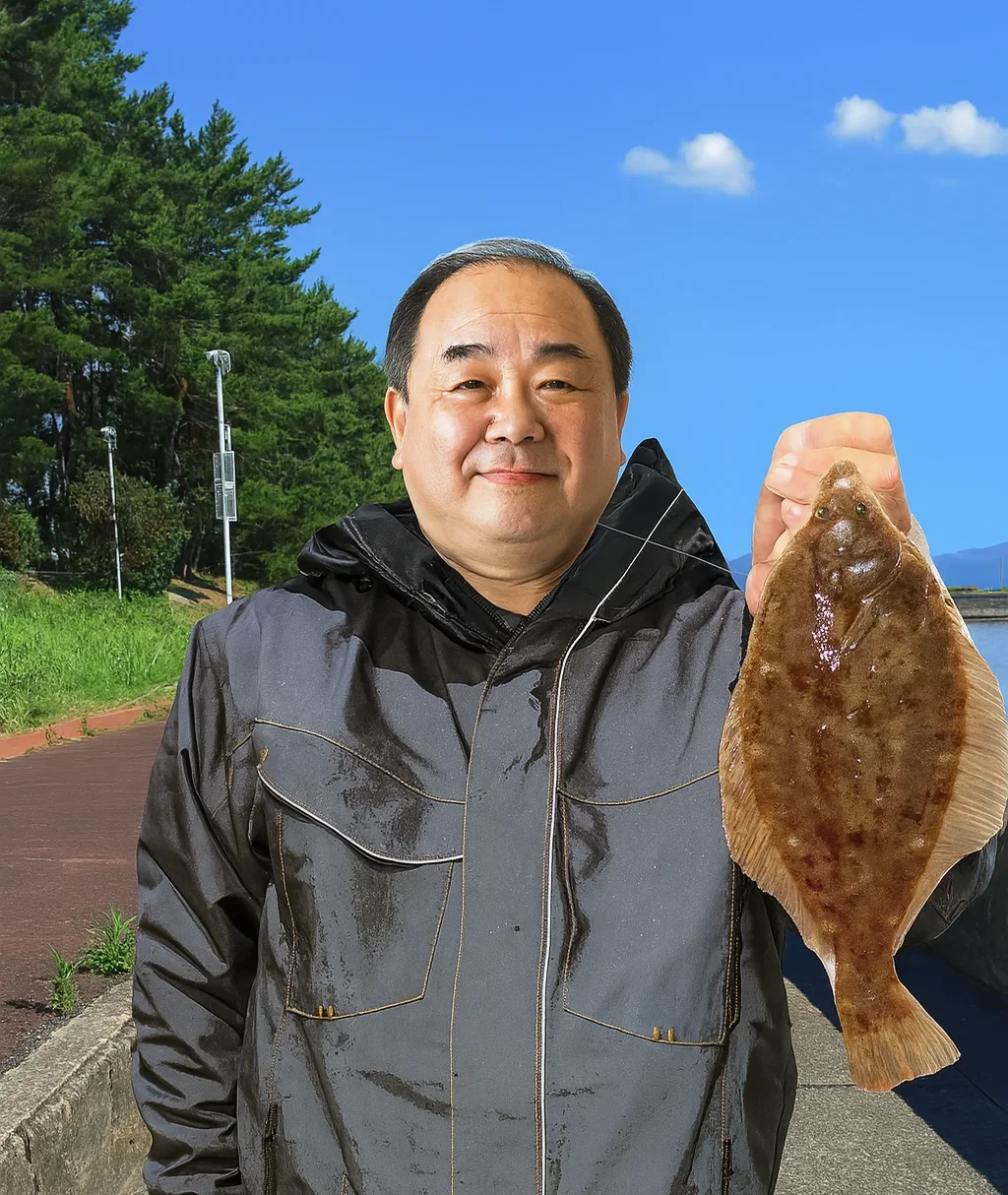 新岡山港でカレイを釣る持田