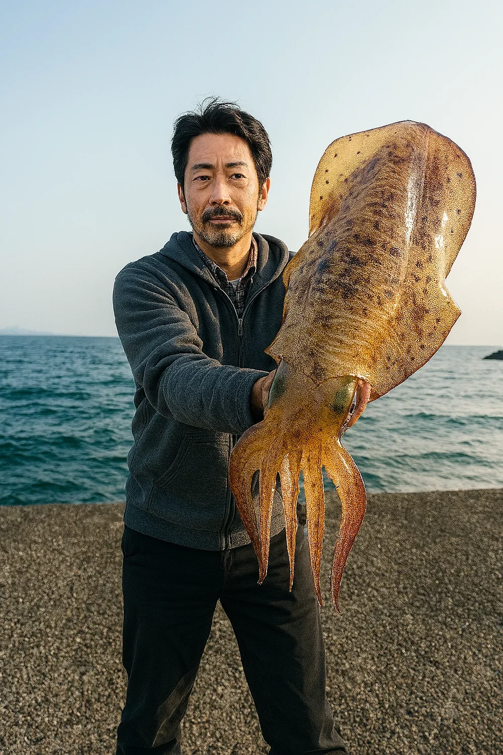 大社築港で大型アオリイカを釣る佐々木