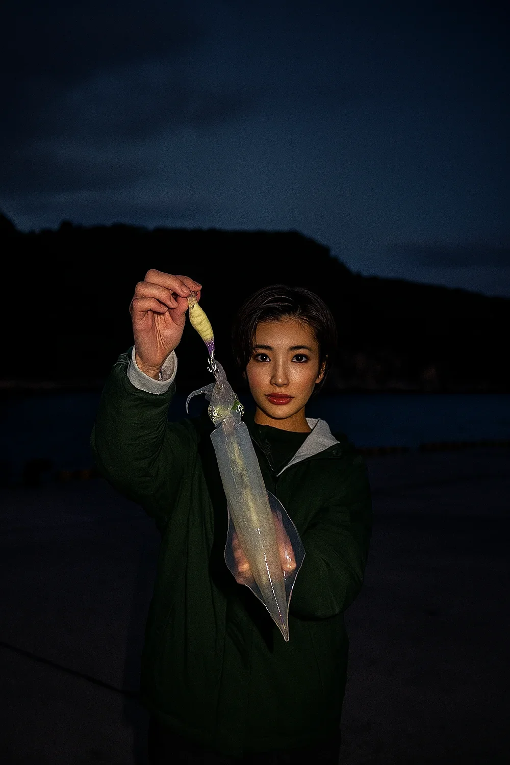 温泉津港でヤリイカを釣る佐伯
