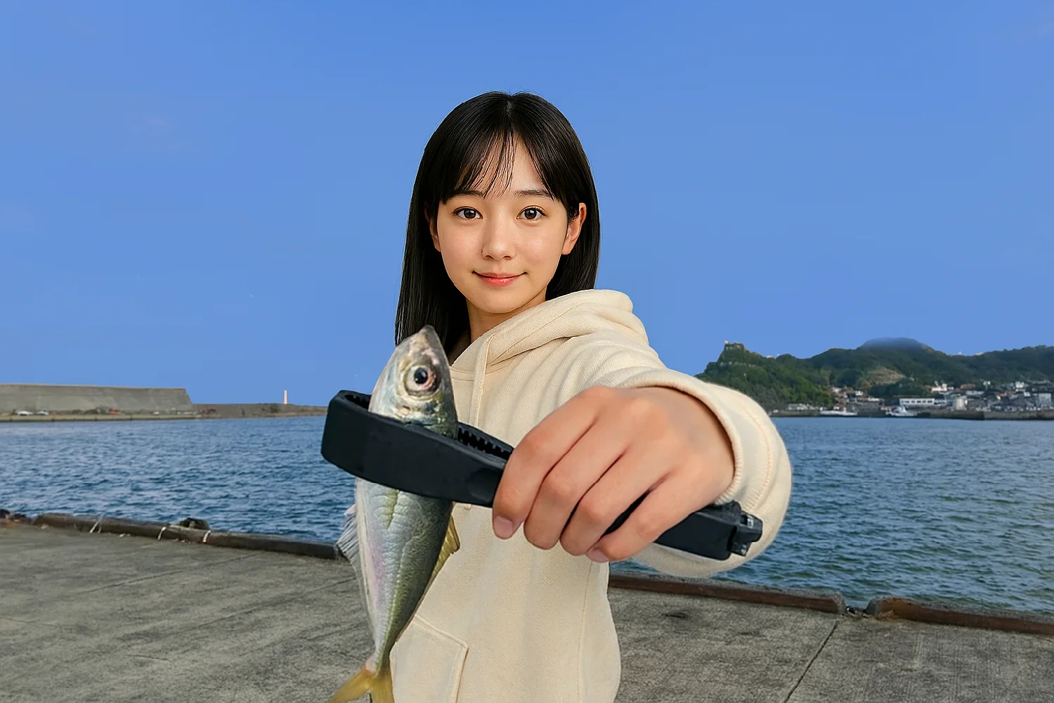 網代新港でアジの釣果を得た国生