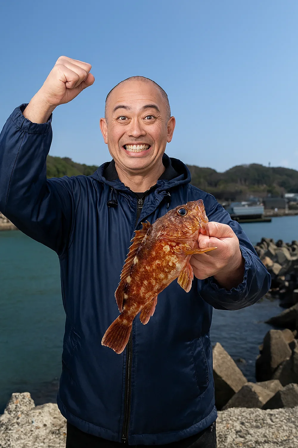 酒津漁港でカサゴを釣るがんだま君