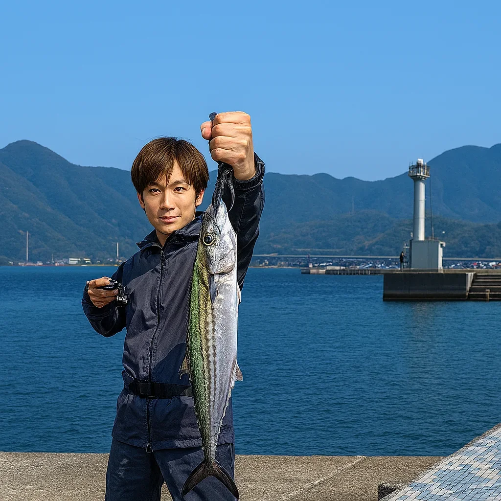 仙崎人工島でサゴシを釣る男性