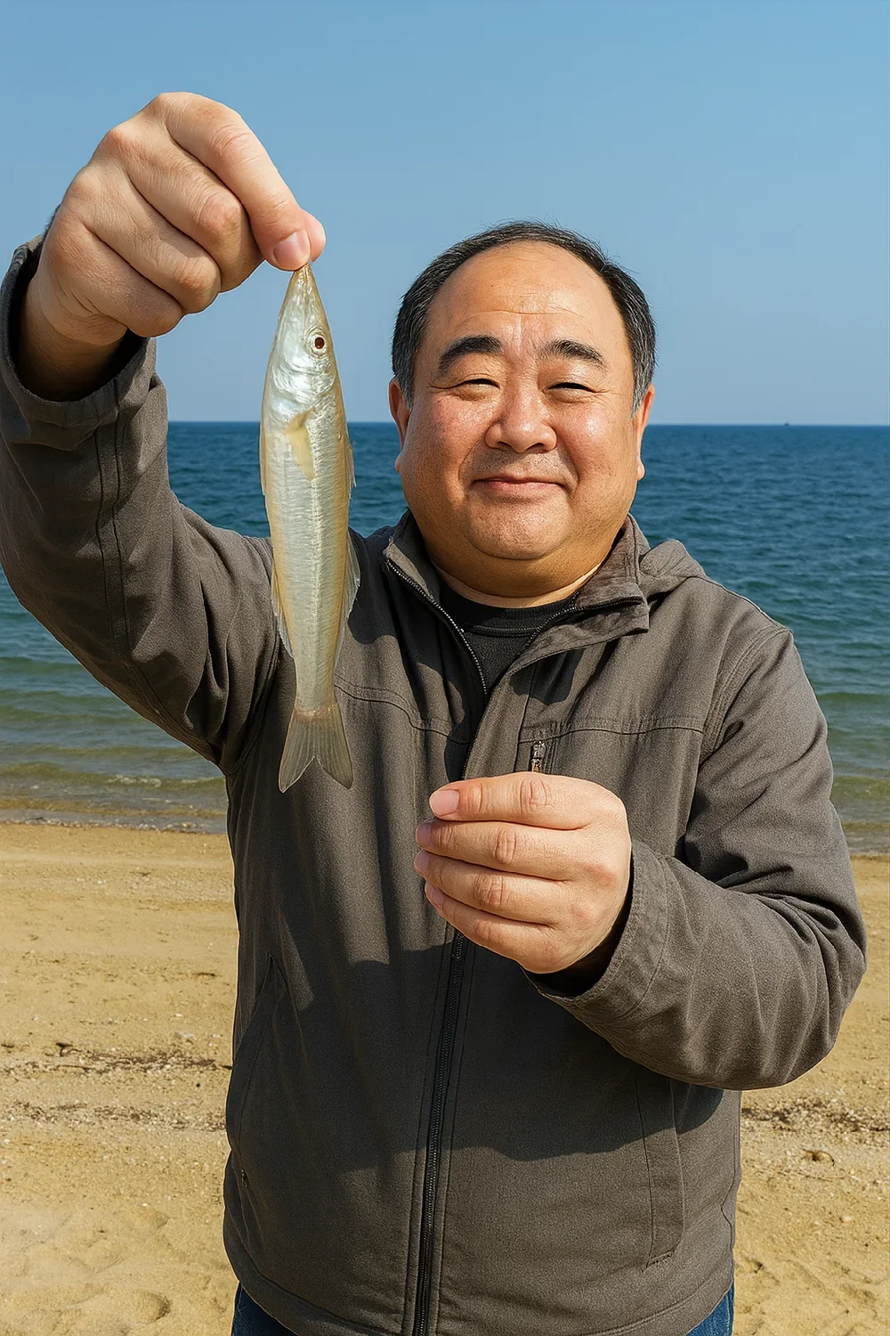 鳴川海岸でキスを釣る持田