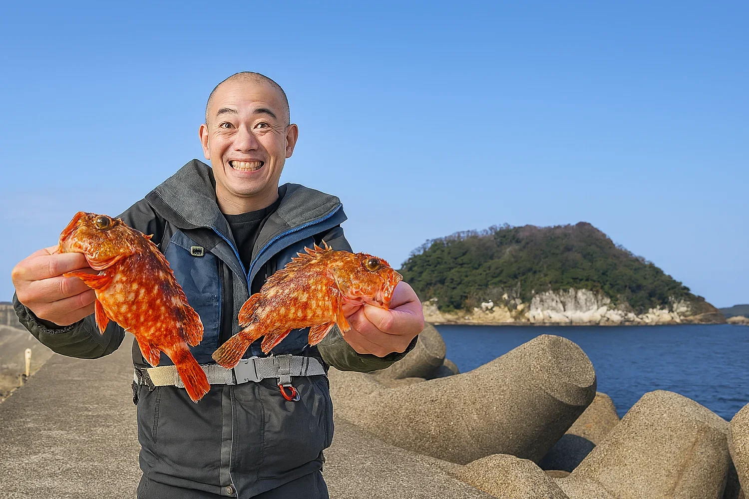 香住東港でカサゴを釣るがんだま君