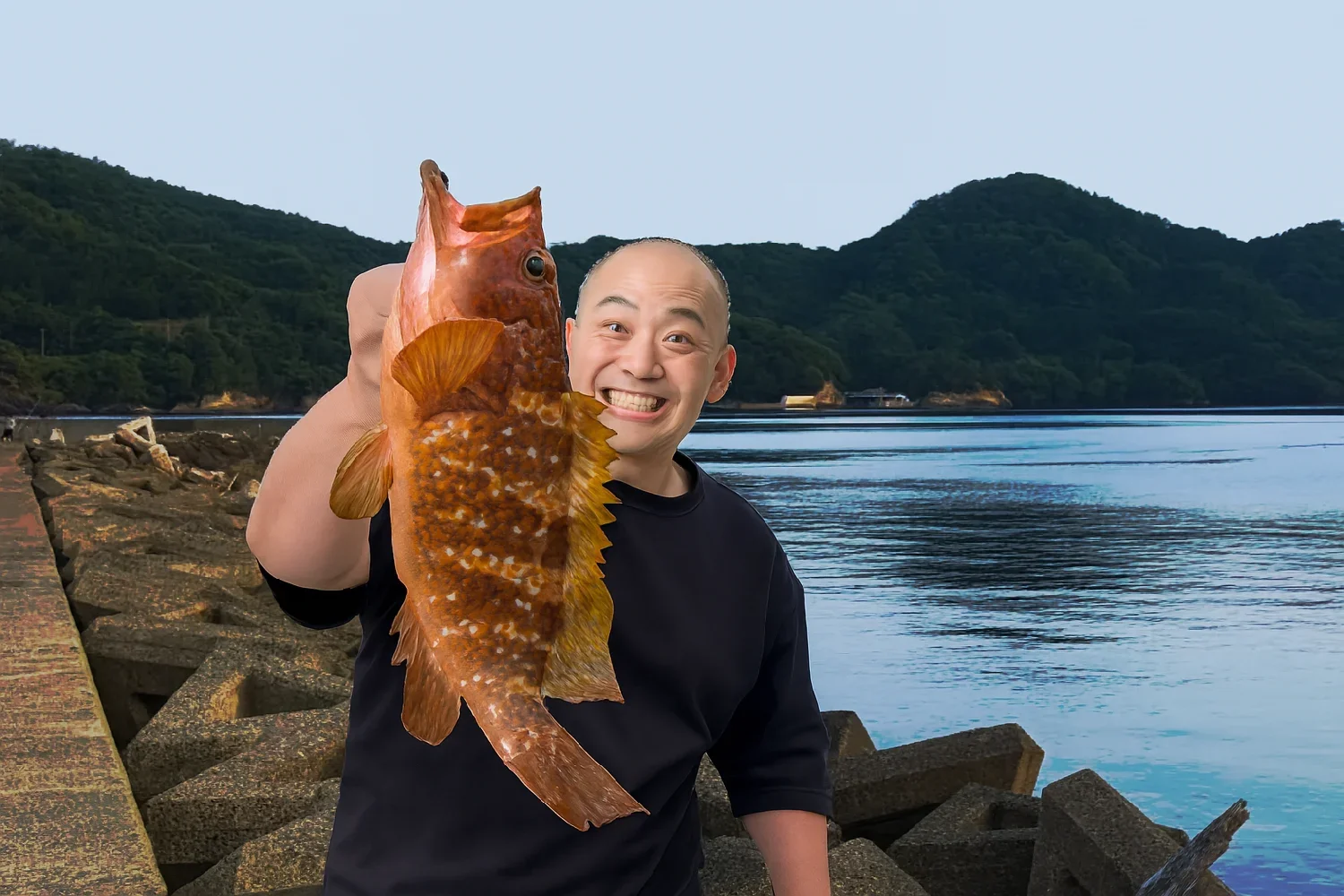 田井漁港でアコウの釣果を得たがんだま君