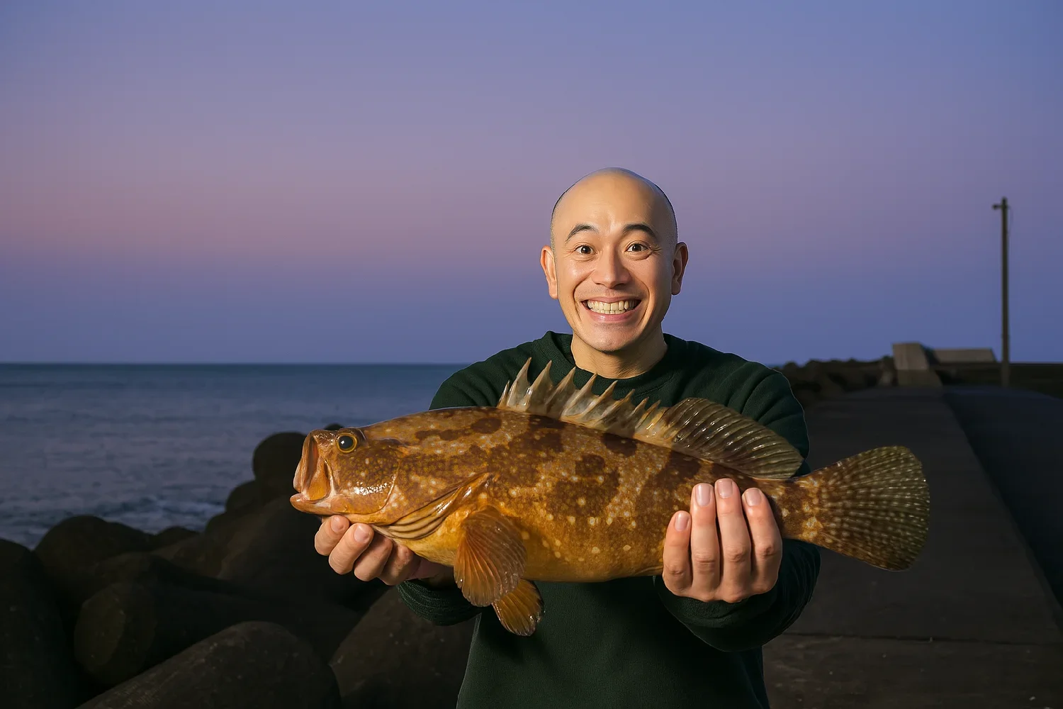 甲楽城漁港でキジハタの釣果を得たがんだま君