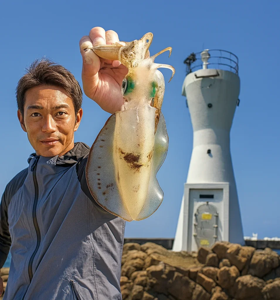 鷹巣港灯台付近でアオリイカの釣果を得た亀岡
