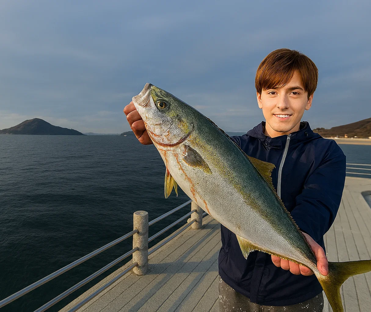 ベイサイドビーチ坂でハマチを釣る久良木