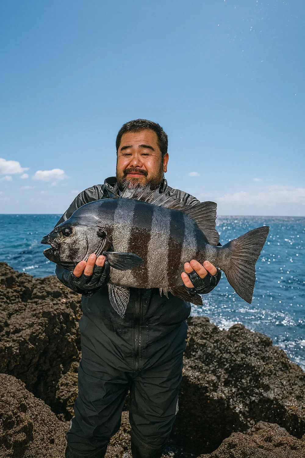 隠岐島でイシダイの釣果を得た楢崎