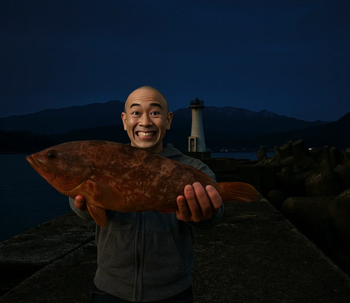 香住西港でアコウの釣果を得たがんだま君