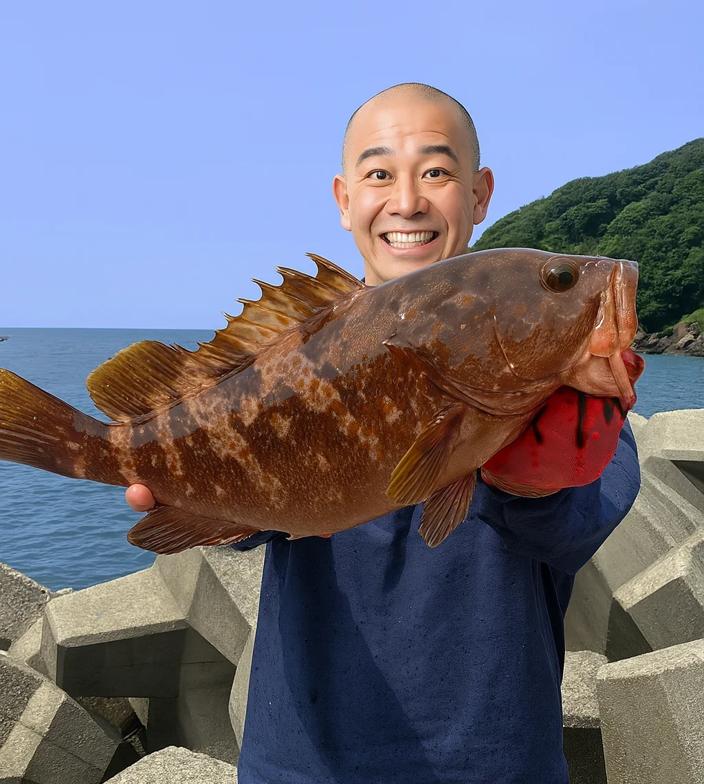 神子漁港でキジハタの釣果を得たがんだま君