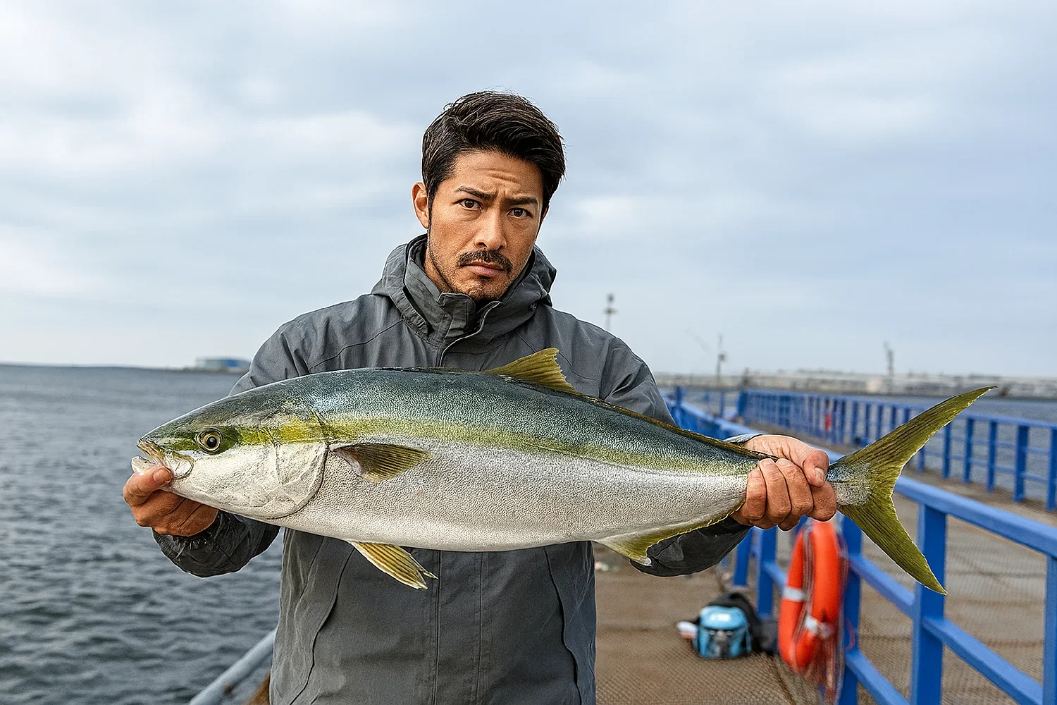 本牧海釣り施設でブリを釣る広岡