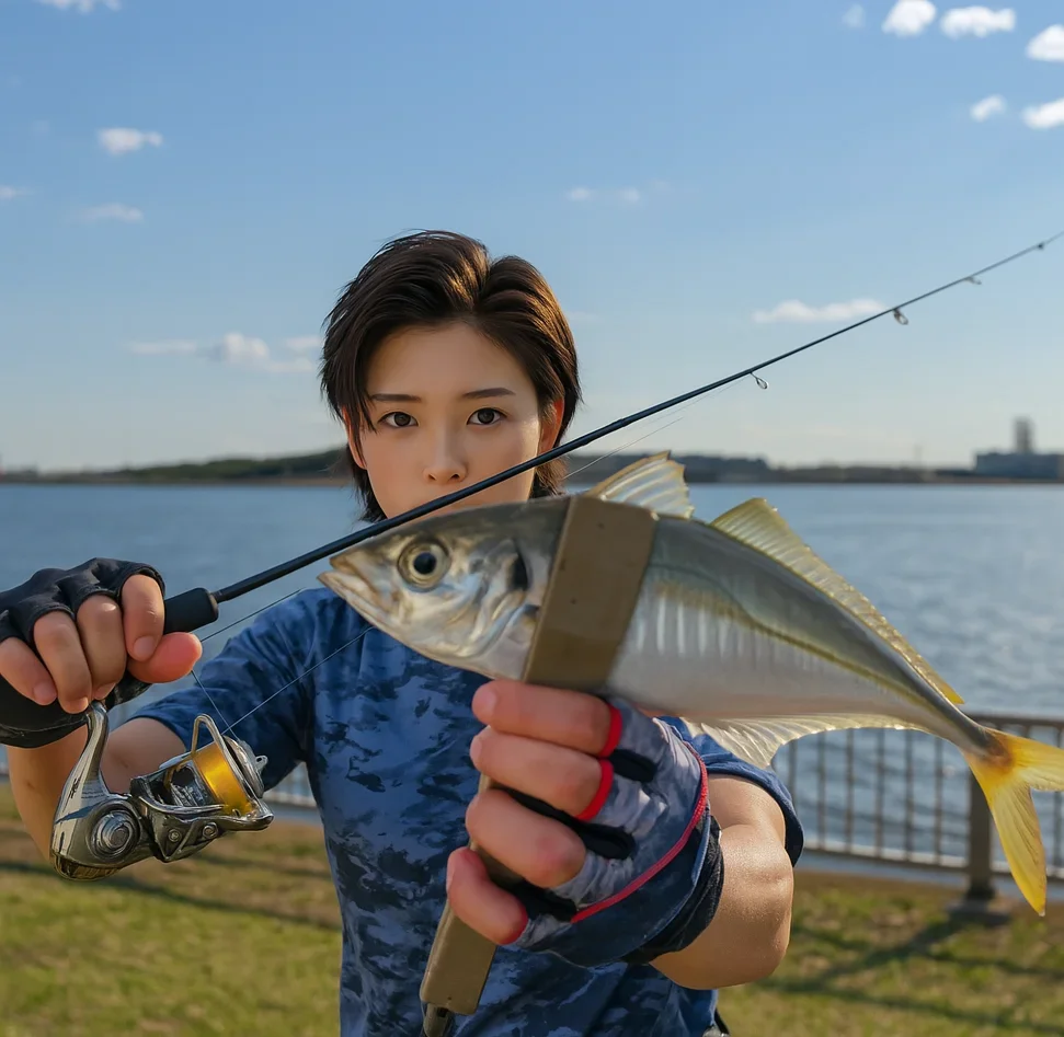暁ふ頭公園でアジを釣る佐伯