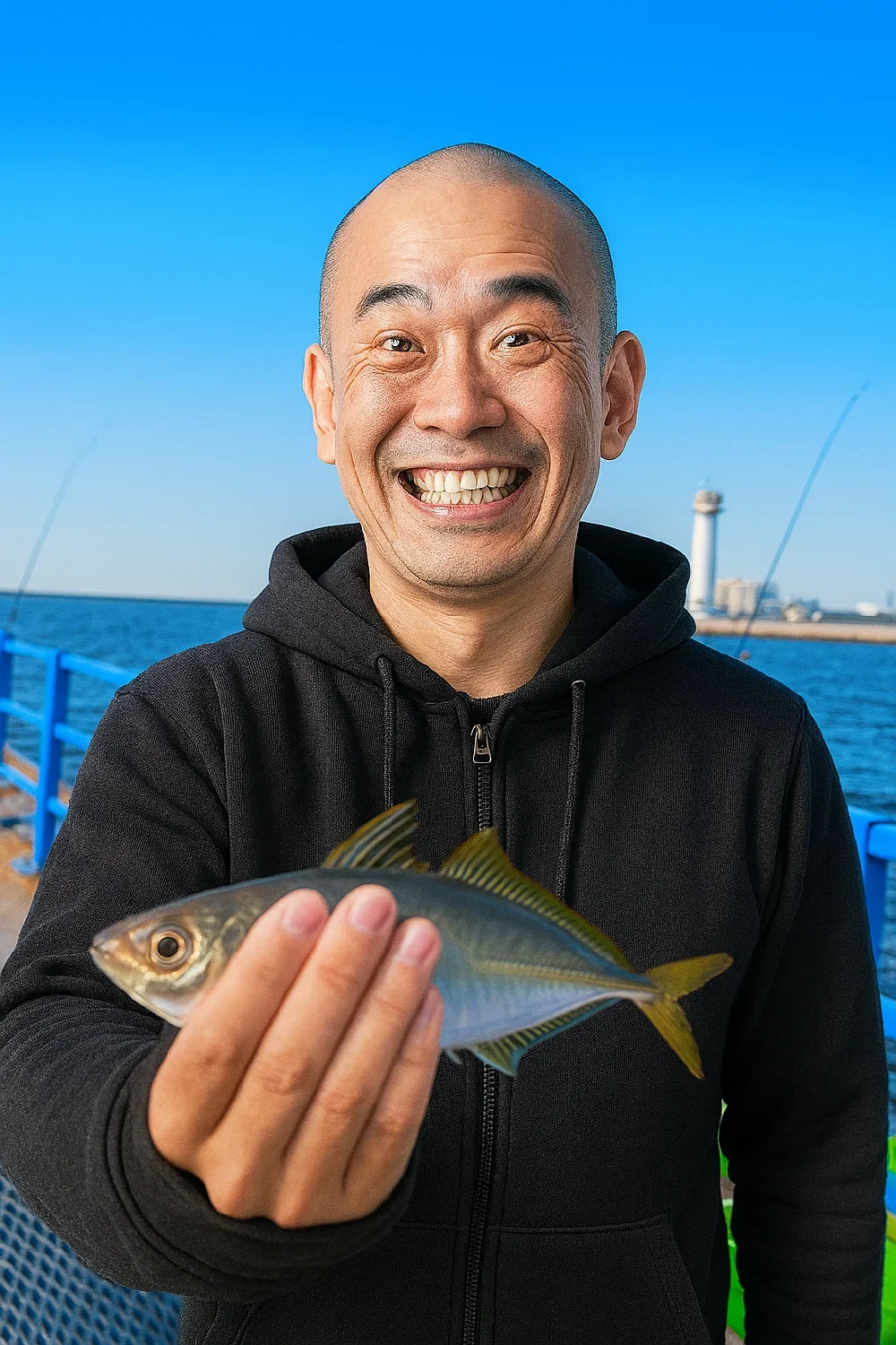 本牧海釣り施設でアジを釣るがんだま君