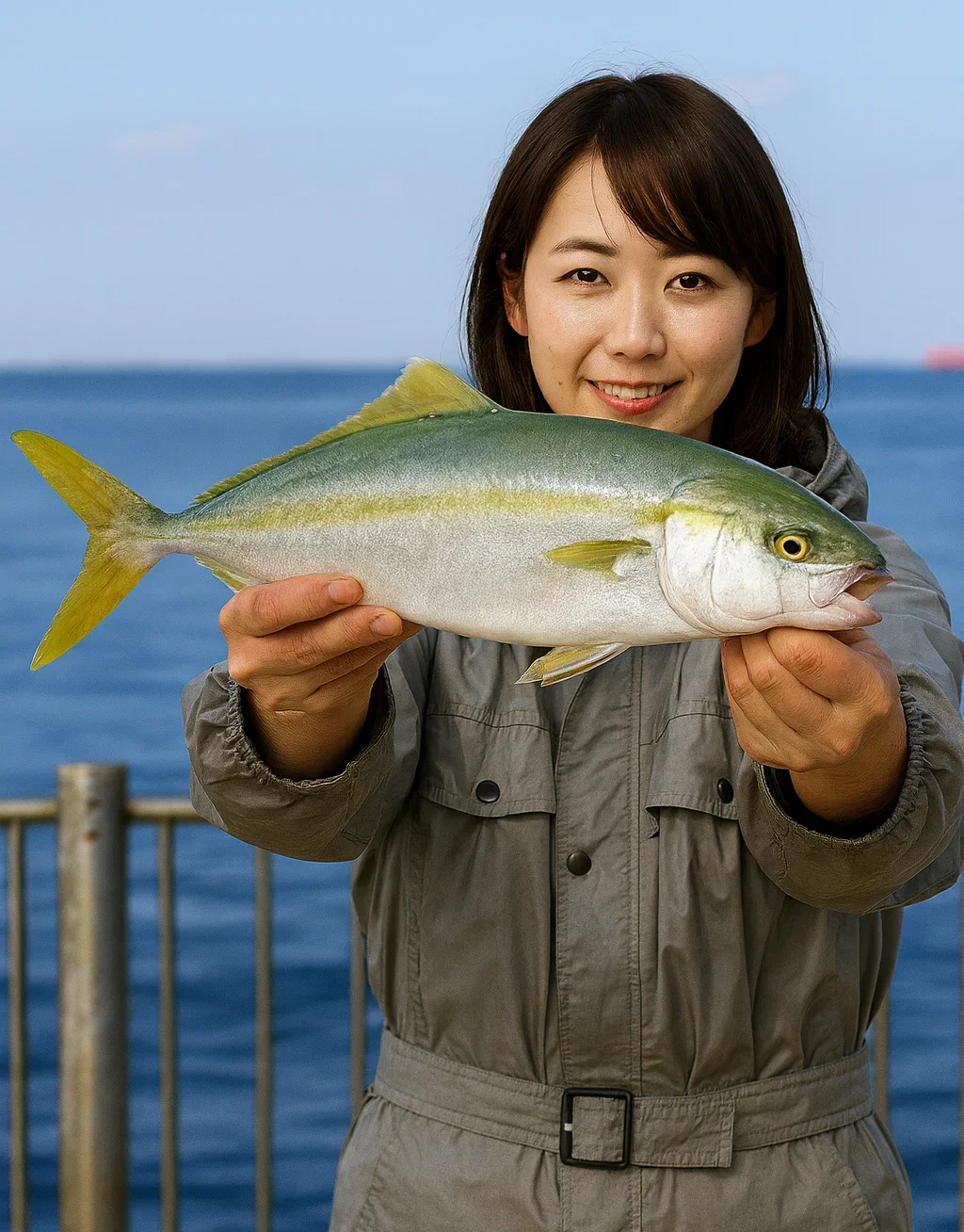 大可賀釣り公園でハマチの釣果を得た女性