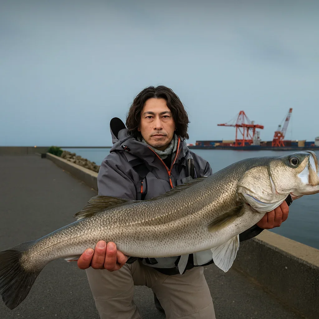 富田新港でシーバスの釣果を得た岸本