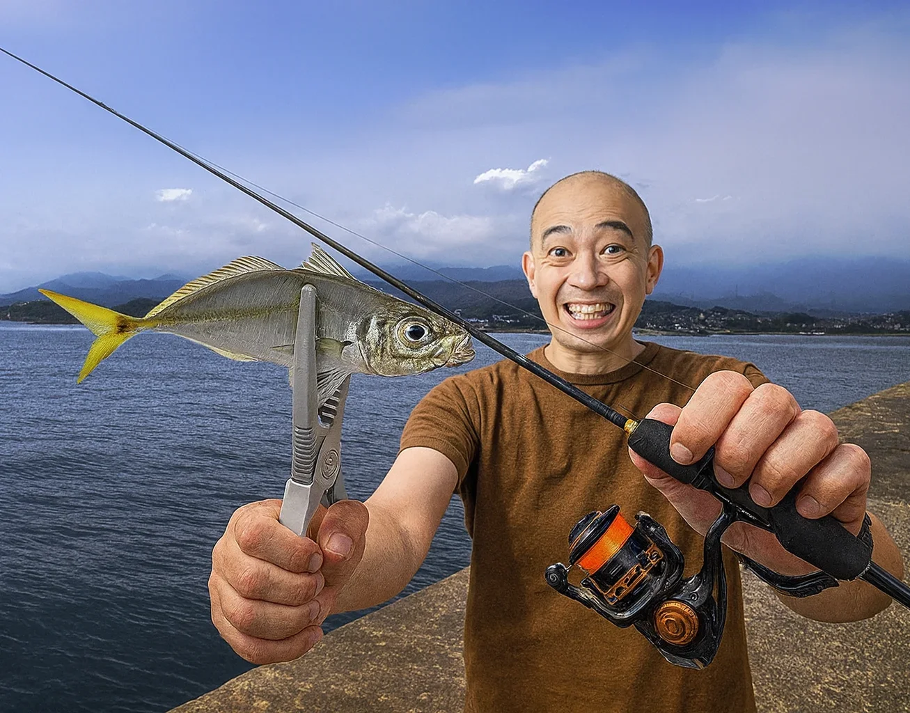 菊本岸壁でアジの釣果を得たがんだま君