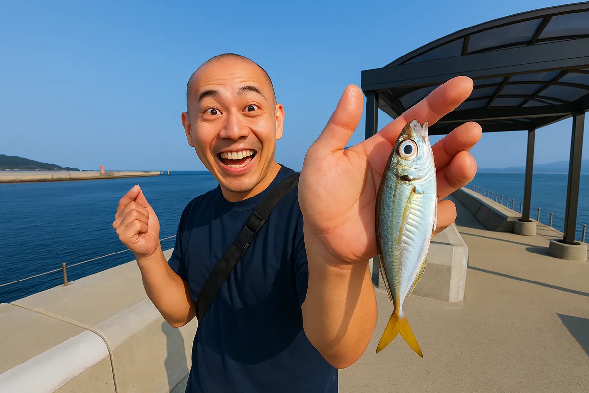うみんぐ大島でアジの釣果を得たがんだま君.webp