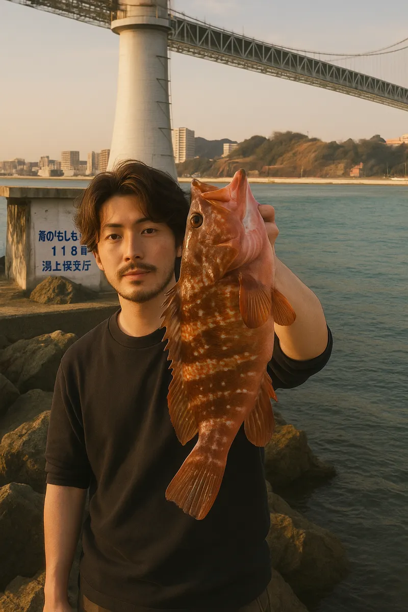 めかり公園でアコウの釣果を得た澤田.webp