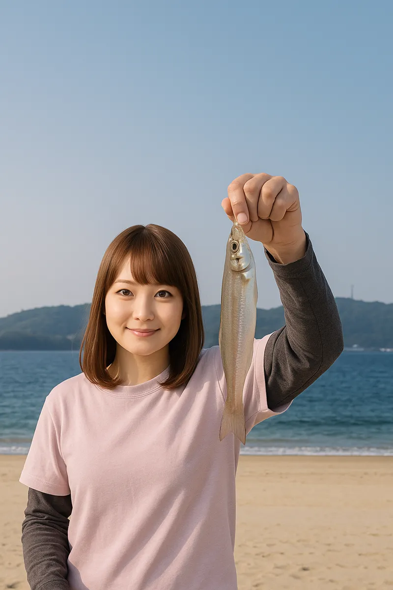 イマリンビーチでシロギスの釣果を得た山際.webp
