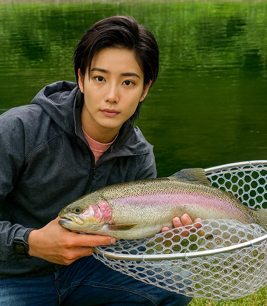 フィッシングパークひらのでニジマスの釣果を得た佐伯.webp