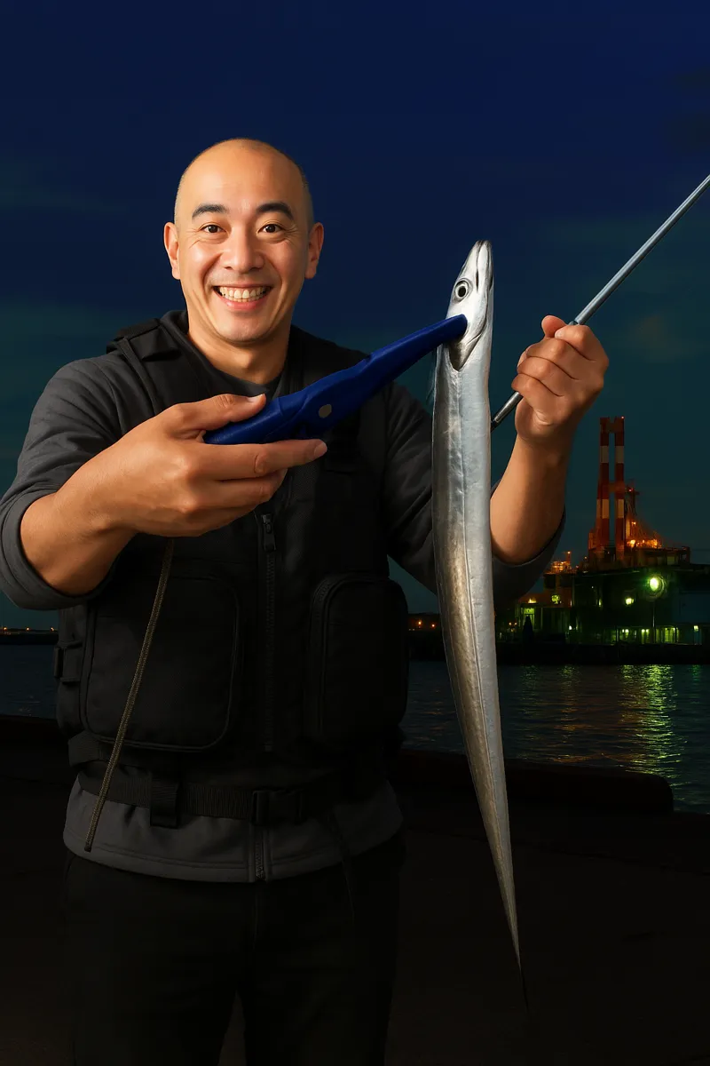 マリンピア沖洲でタチウオの釣果を得たがんだま君.webp