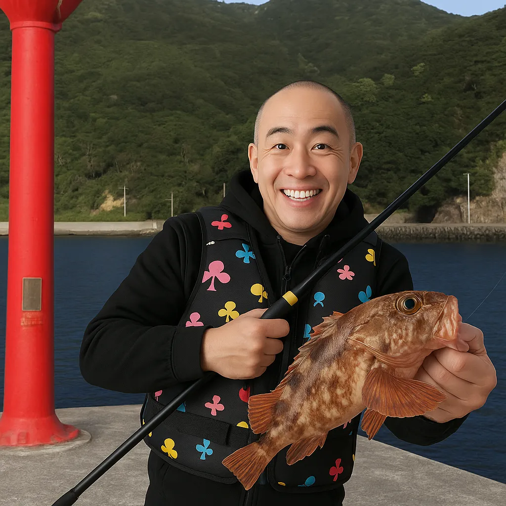 一切漁港でカサゴの釣果を得たがんだま君.webp