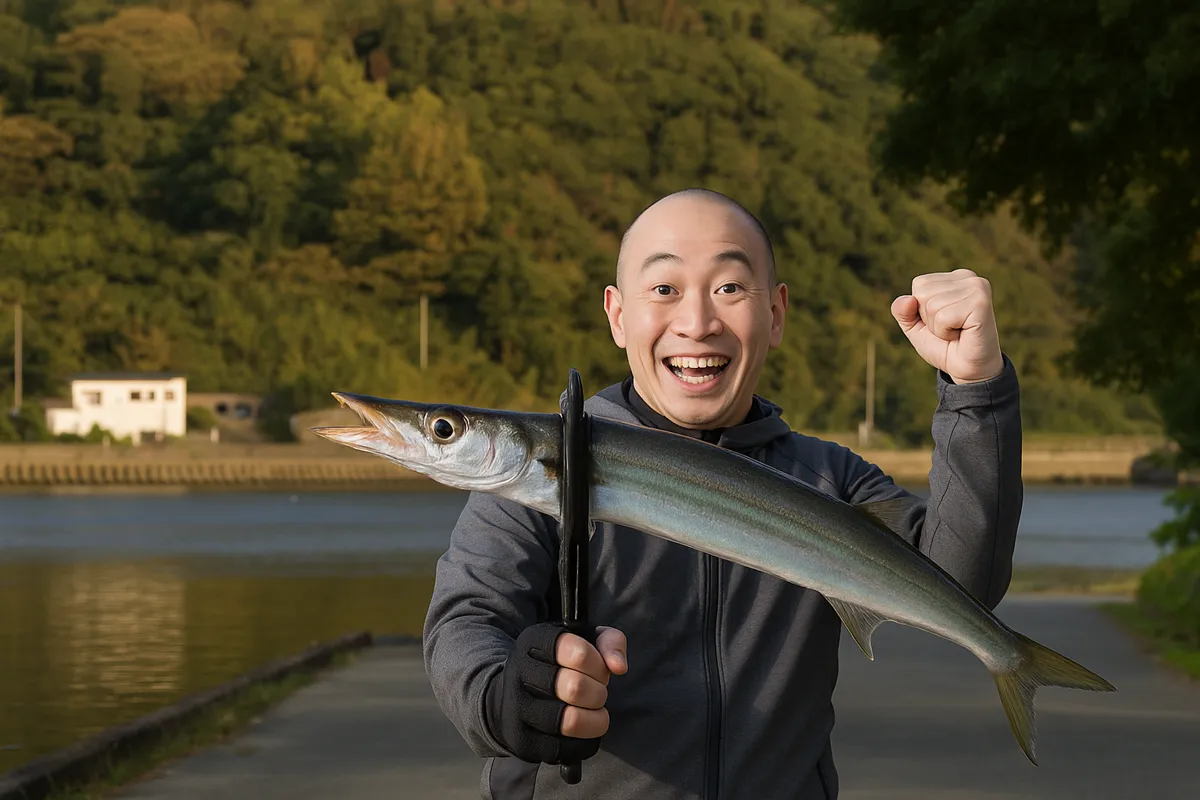 三机港でカマスの釣果を得たがんだま君.webp