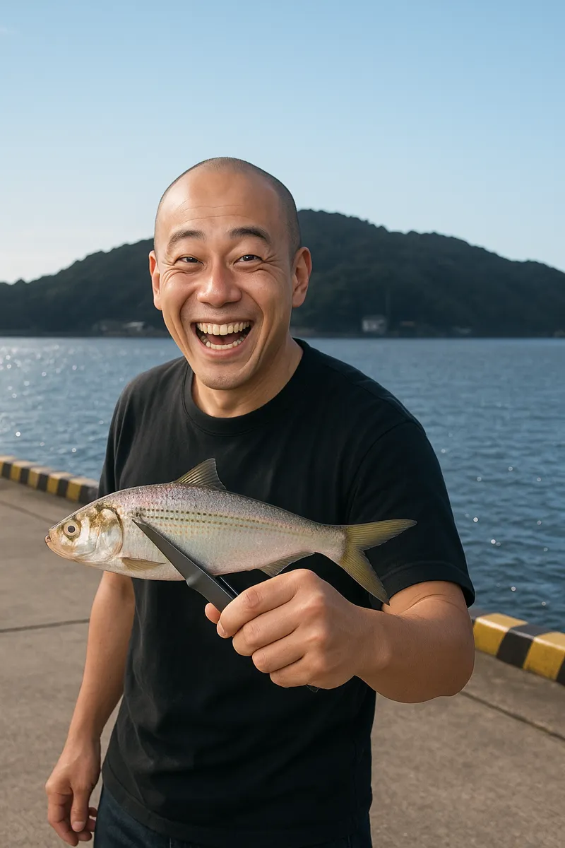 三角東港でコノシロの釣果を得たがんだま君.webp