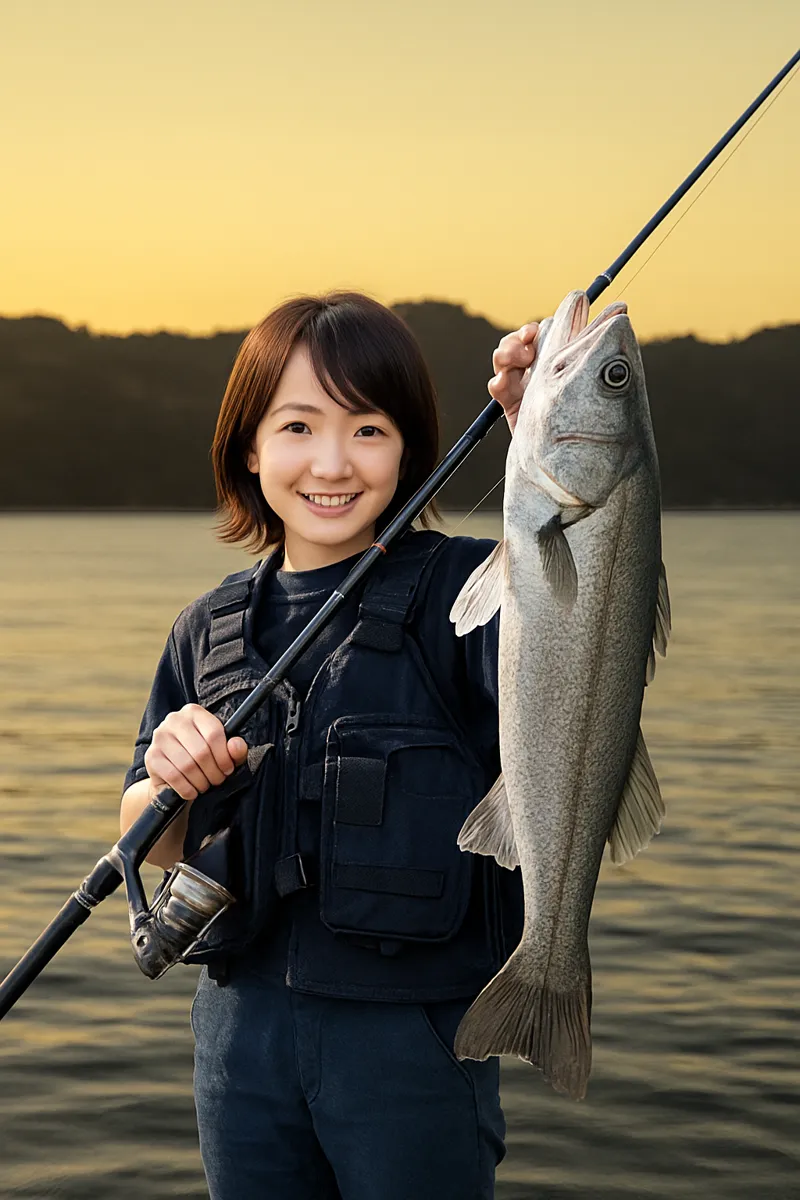 三角東港でシーバスの釣果を得た女性.webp