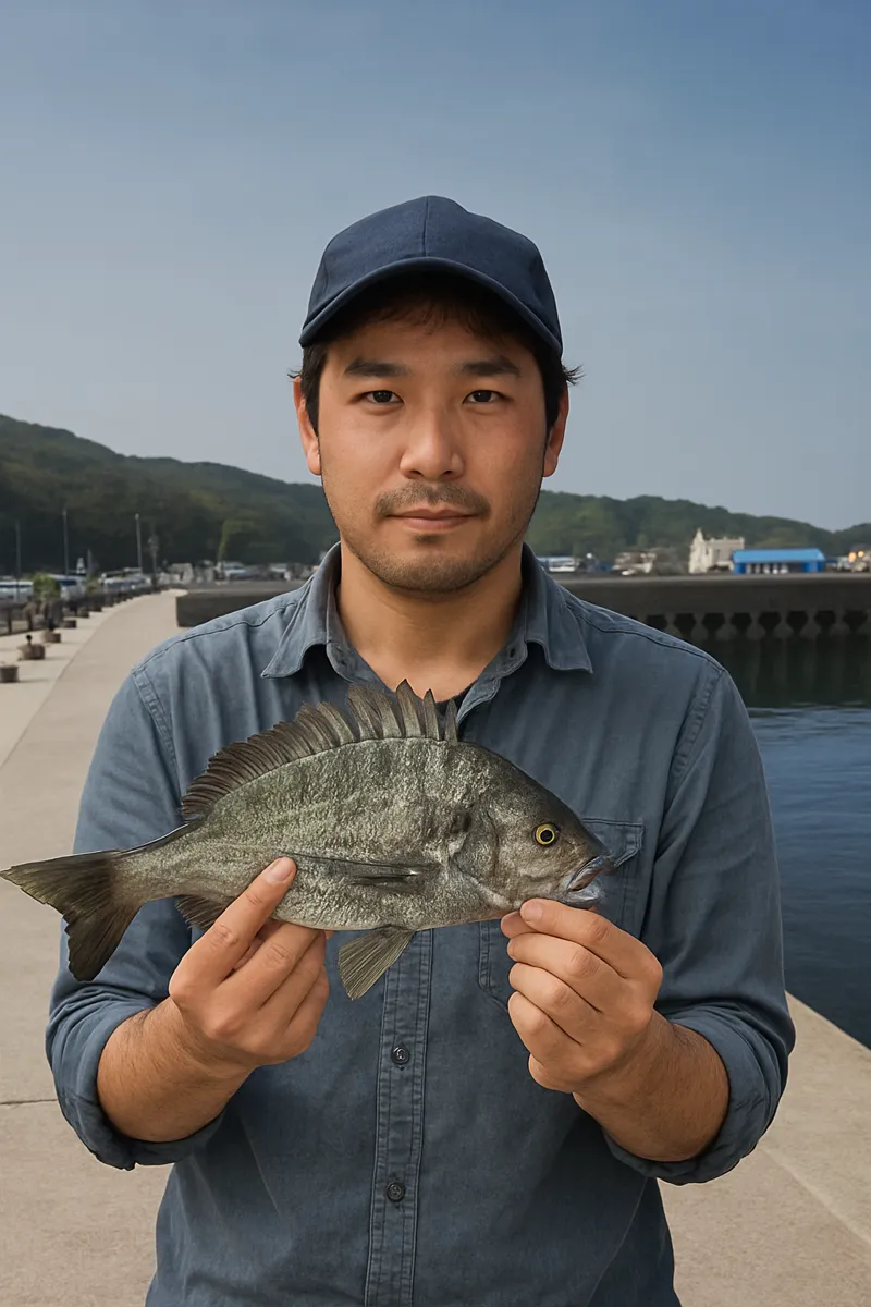 三重漁港でチヌの釣果を得た男性.webp