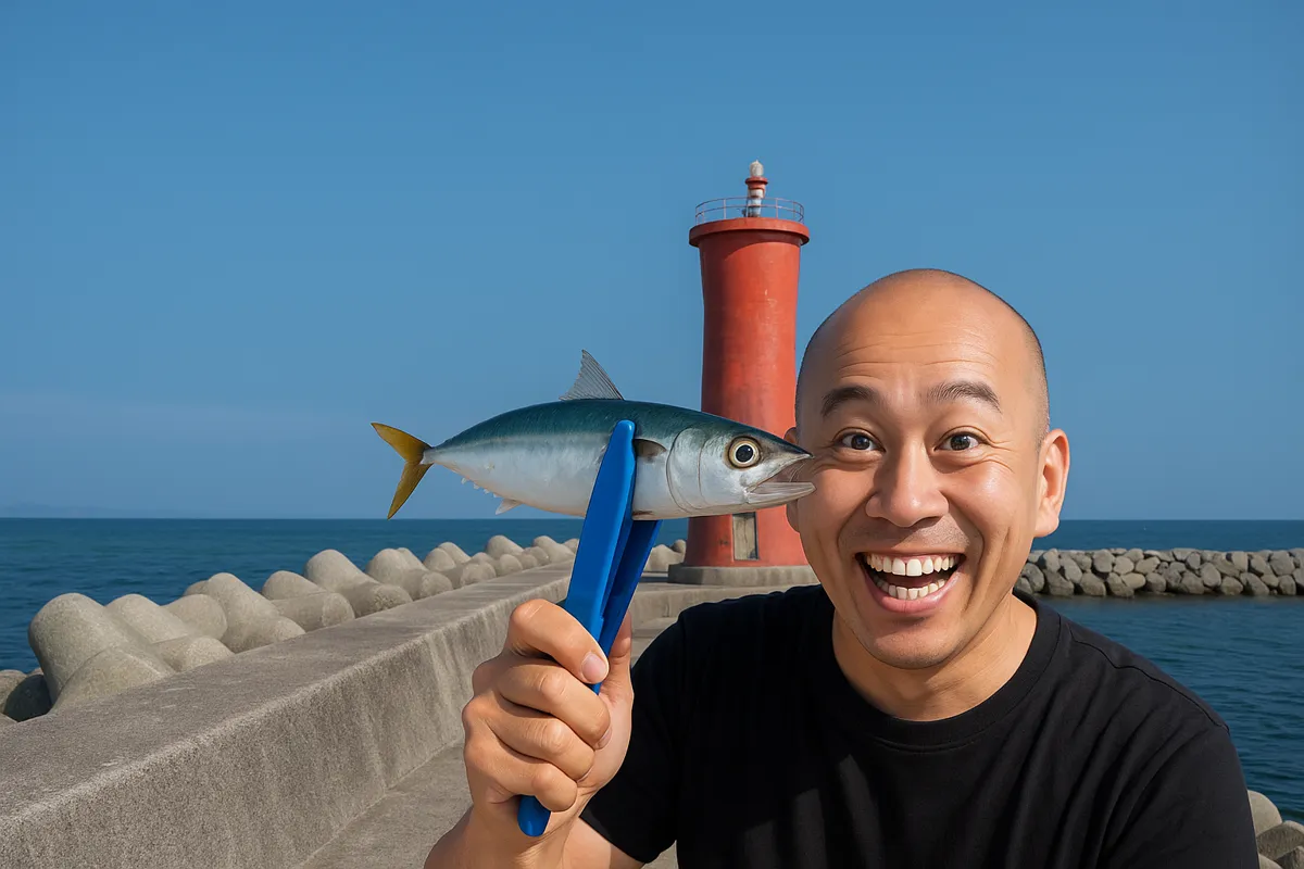 上灘漁港でサバの釣果を得たがんだま君.webp